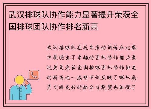 武汉排球队协作能力显著提升荣获全国排球团队协作排名新高